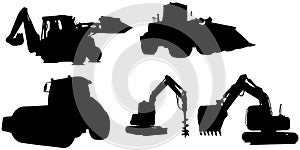 Silhouette of Bulldozer, Crane, Road Roller, Driller, Machinery Vehicles