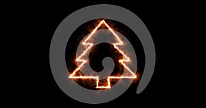 Silhouette of a burning fire orange neon Christmas tree of a pine tree, isolate on a black background, design element in