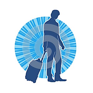 Silhouette of a business man in business trip pulling a luggage travel bag