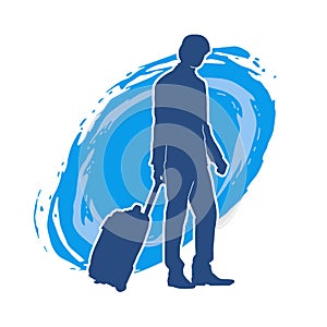 Silhouette of a business man in business trip pulling a luggage travel bag