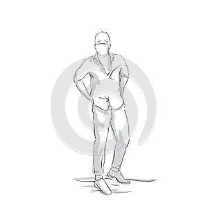 Silhouette Business Man Holding Hands In Pockets Full Length Sketch Of Business Man On White Background