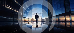 Silhouette of business man walking at sunrise in a passage between modern high-tech all glass walls buildings.