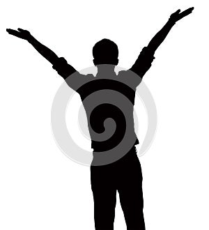 Silhouette of businessman with arms raised.