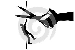 Silhouette of a businessman climbs on a tightrope and a hand with scissors intends to cut a rope