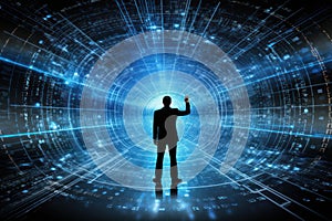 Silhouette of businessman in front of a digital technology background.