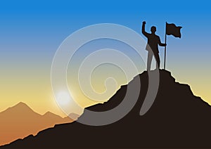 Silhouette businessman holding a flag on mountain peak, Evening sky background, Achievement leadership business concept