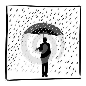 Silhouette businessman holding umbrella in rain vector illustration sketch doodle hand drawn isolated on white square frame