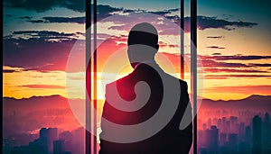 Silhouette of businessman looking over a cityscape at sunrise. AI Generated