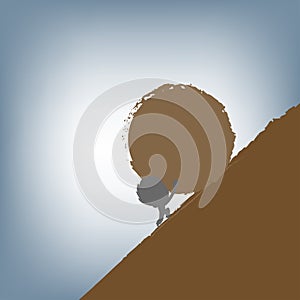 Silhouette of Businessman pushing a huge stone uphill, vector illustration in flat design