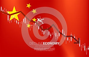 silhouette of businessman slip and falling down from downturn graph with China map and flag.