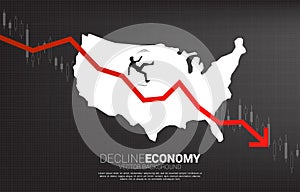 silhouette of businessman slip and falling down from downturn graph with USA map.