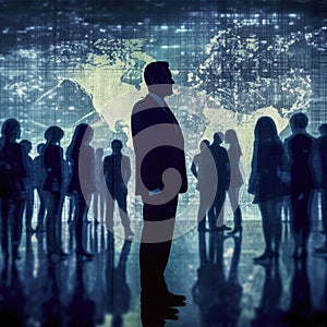 Silhouette of businessman standing in front of crowd of people