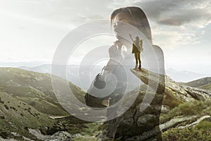 Silhouette of businesswoman with landscapes on background, double exposure.