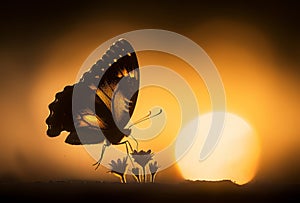 Silhouette of butterfly on flowers. One butterfly stands silhouetted against a yellow Dawn