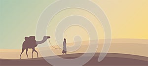 Silhouette of a camel and a bedouin in a hot desert