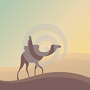 Silhouette of a camel and a bedouin in a hot desert