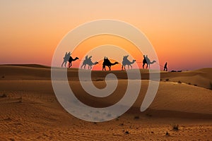 Silhouette of camel caravan with people on desert at sunset