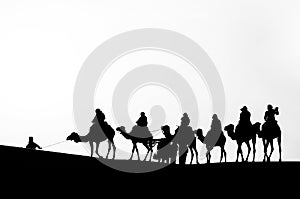 Silhouette of a Camel Caravan in the Sahara Desert in Black and White