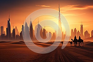 Silhouette of camel in the desert with Dubai city in the background, Camel caravan on sand dunes on Arabian desert with Dubai
