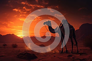 Silhouette of a camel in the desert at sunset. 3d rendering, Dromedary at the sunset, AI Generated