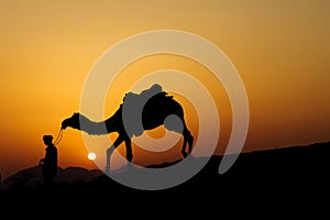 Silhouette of the Camel Trader crossing the sand dune .