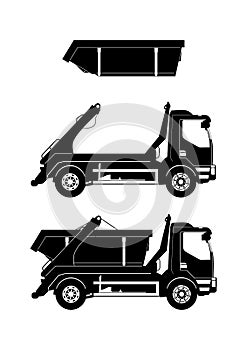 Silhouette of a cantilever skip truck.