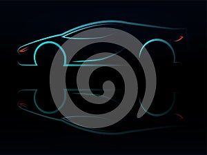 Silhouette of car with burning lights on a black background. Side view. Vector illustration.ESP10