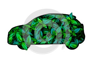 Silhouette of car out of green leaves on white background