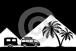 Silhouette of the car and palm trees.