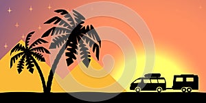 Silhouette of the car and palm trees.