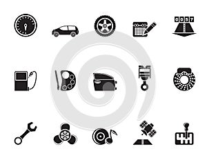Silhouette car parts, services and characteristics icons