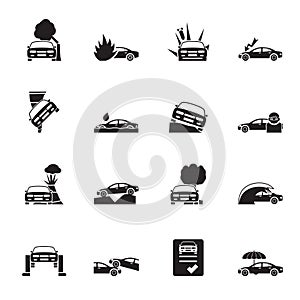 Silhouette car and transportation insurance and risk icons