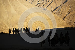 Silhouette of caravan travellers riding camels Nubra Valley Ladakh ,India