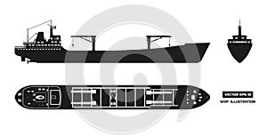 Silhouette of cargo ship on a white background. Top, side and front view. Container transport.