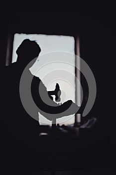 silhouette of a carpenter working with a hammer against a window in a carpentry