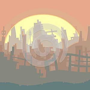 Silhouette cartoon curve city with sunrise background