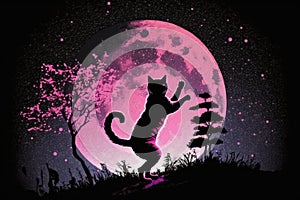 Silhouette of a cat on the background of the full moon