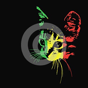 Silhouette of a cat on a black background. Rastafari. Vector