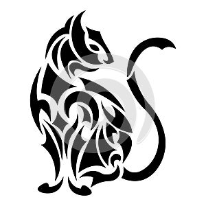 The silhouette of a cat of black color, drawn by various lines in the Celtic style. Suitable for tattoo, logo, emblem