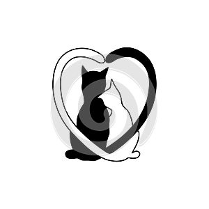 Silhouette of cat couple in love with shape heart tails.