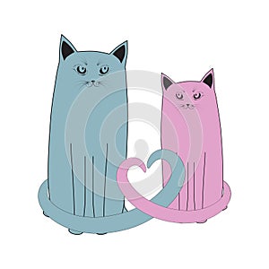 Silhouette of cat couple in love with shape heart tails. Vector greeting card