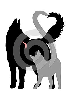 Silhouette of cat and dog, making heart with their tails