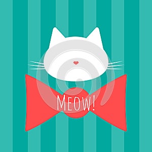 Silhouette of a cat`s head. Bow and text Meow! Background with vertical stripes.