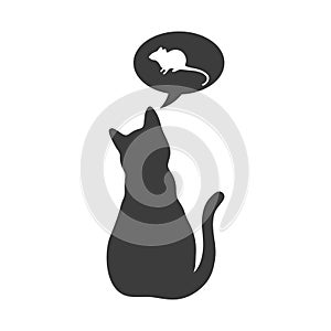 Silhouette cat with thoughts about the mouse on a white background