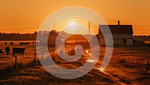 Silhouette of cattle grazing on meadow at dusk, tranquil scene generated by AI