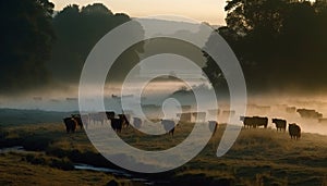 Silhouette of cattle grazing in tranquil meadow generated by AI