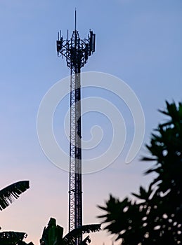 Silhouette cell phone towers with twilight sky.