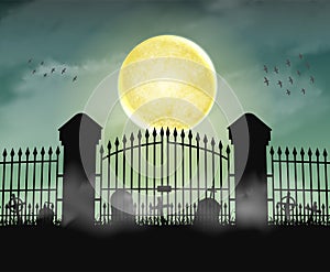 Silhouette cemetery graveyard gate with moon night