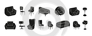 Silhouette chairs. Black comfortable seating furniture objects, doodle stools and armchairs, sketchy cozy interior decor