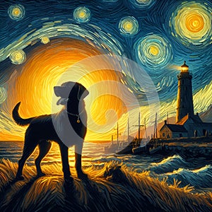 A silhouette of a charming dog nearby a lighthouse, at a seashore, againts a setting sun, waves, Van Gogh, oil painting art